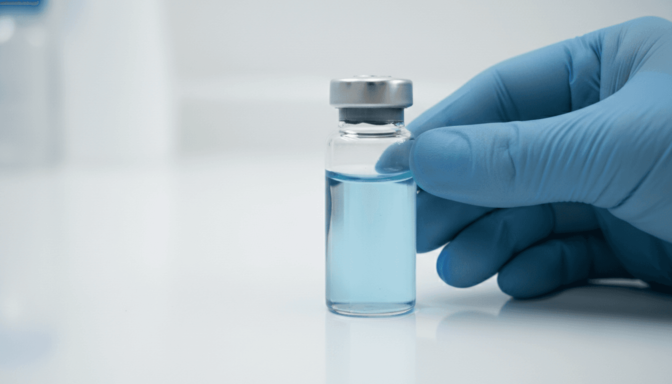 Clinical aesthetic close-up macro shot of a single clear glass vial filled with peptide solution
