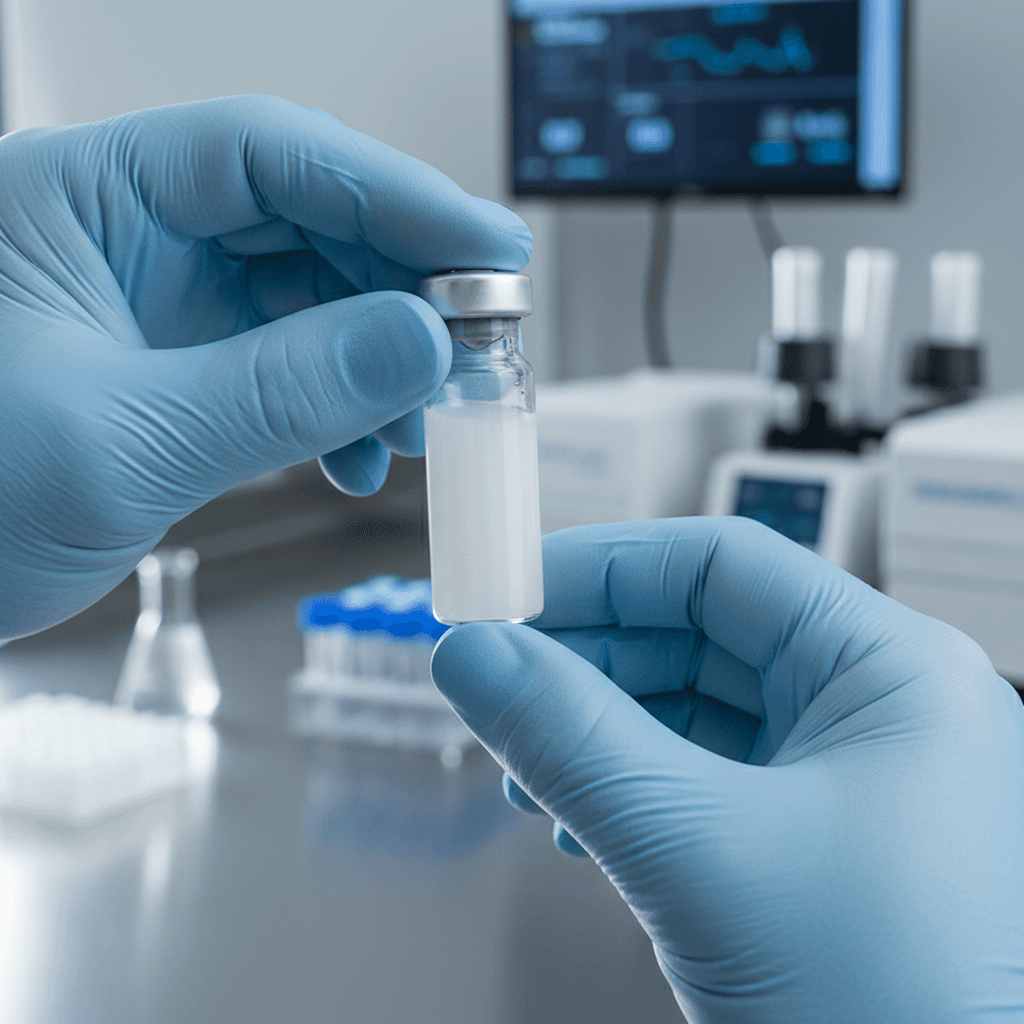 Scientist handling exosome vial in clean lab setting