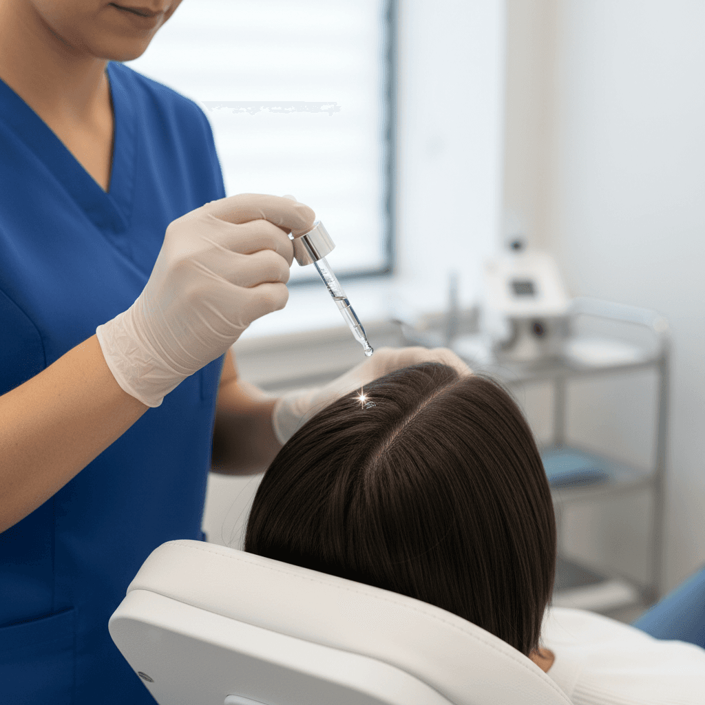 Serum being applied to scalp in a clinical setting