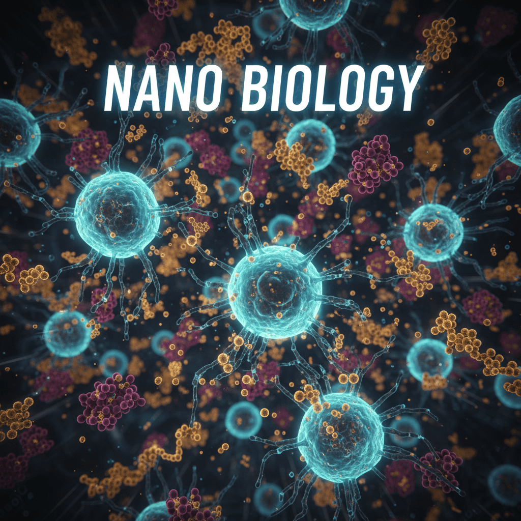 Close-up of glowing cells and nanoparticles under a microscope