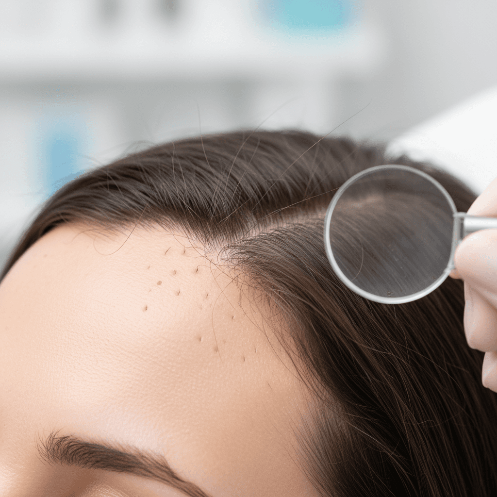 Close up of healthy woman scalp with visible hair follicles in professional dermatology clinic