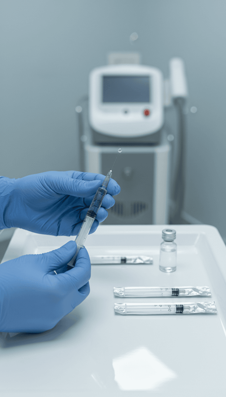 A dark, clinical editorial aesthetic close-up shot of a professional's hands preparing a clear serum-filled syringe on a sterile white medical tray