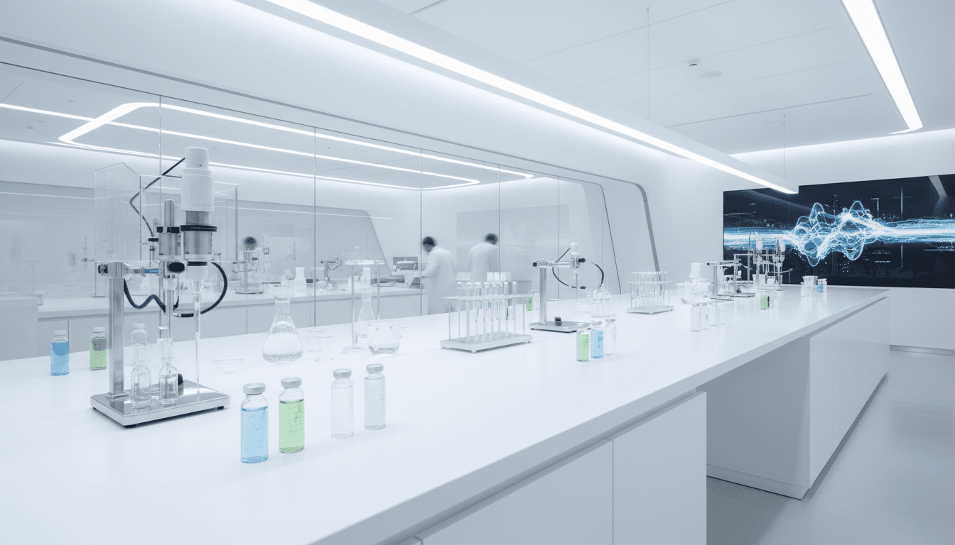 A row of glass vials and a pipette on a stainless steel laboratory counter with soft lighting