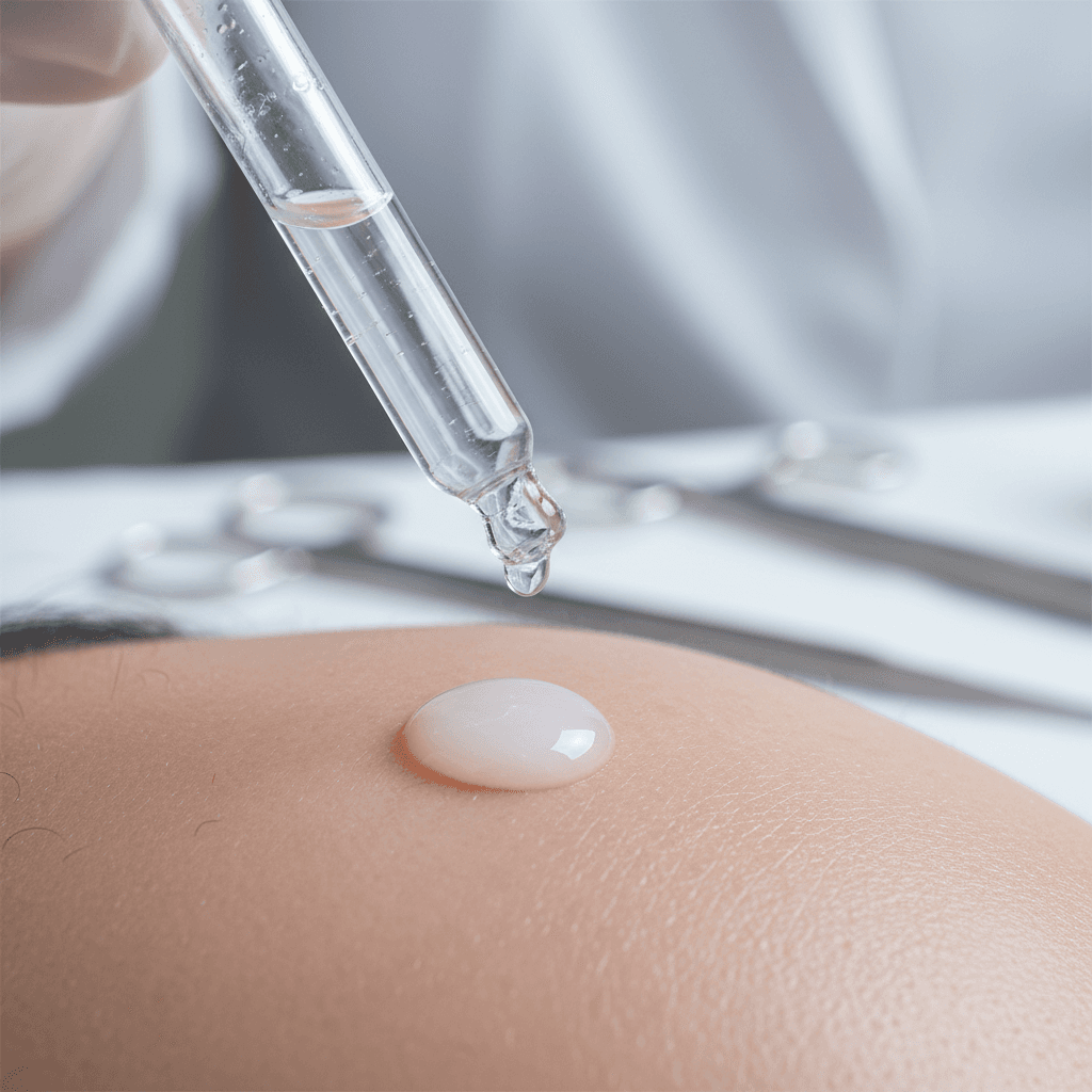 Close up of human skin receiving peptide serum application using precise dropper tool in clinical setting