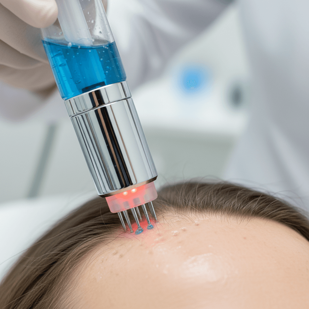 Close-up of a professional applicator device gently touching a scalp in a clean clinic
