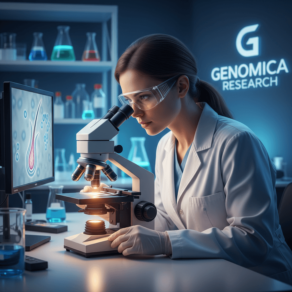 Scientist looking through a microscope at a hair sample in a modern laboratory