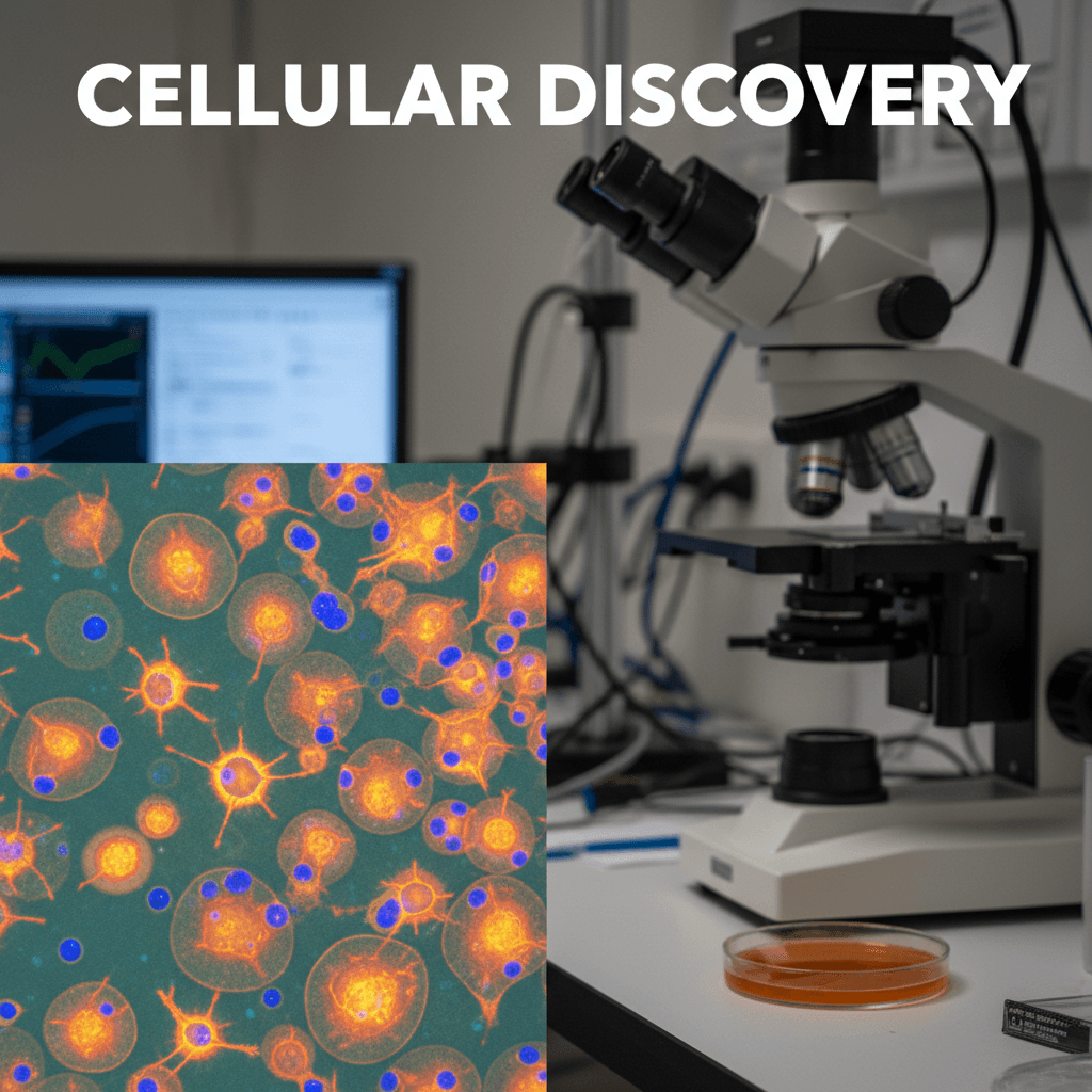 Close-up microscopic view of cellular structures with glowing elements