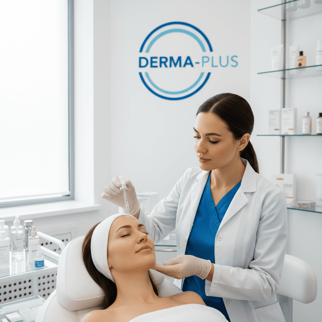 Dermatologist applying a serum to a patient's face in a medical clinic