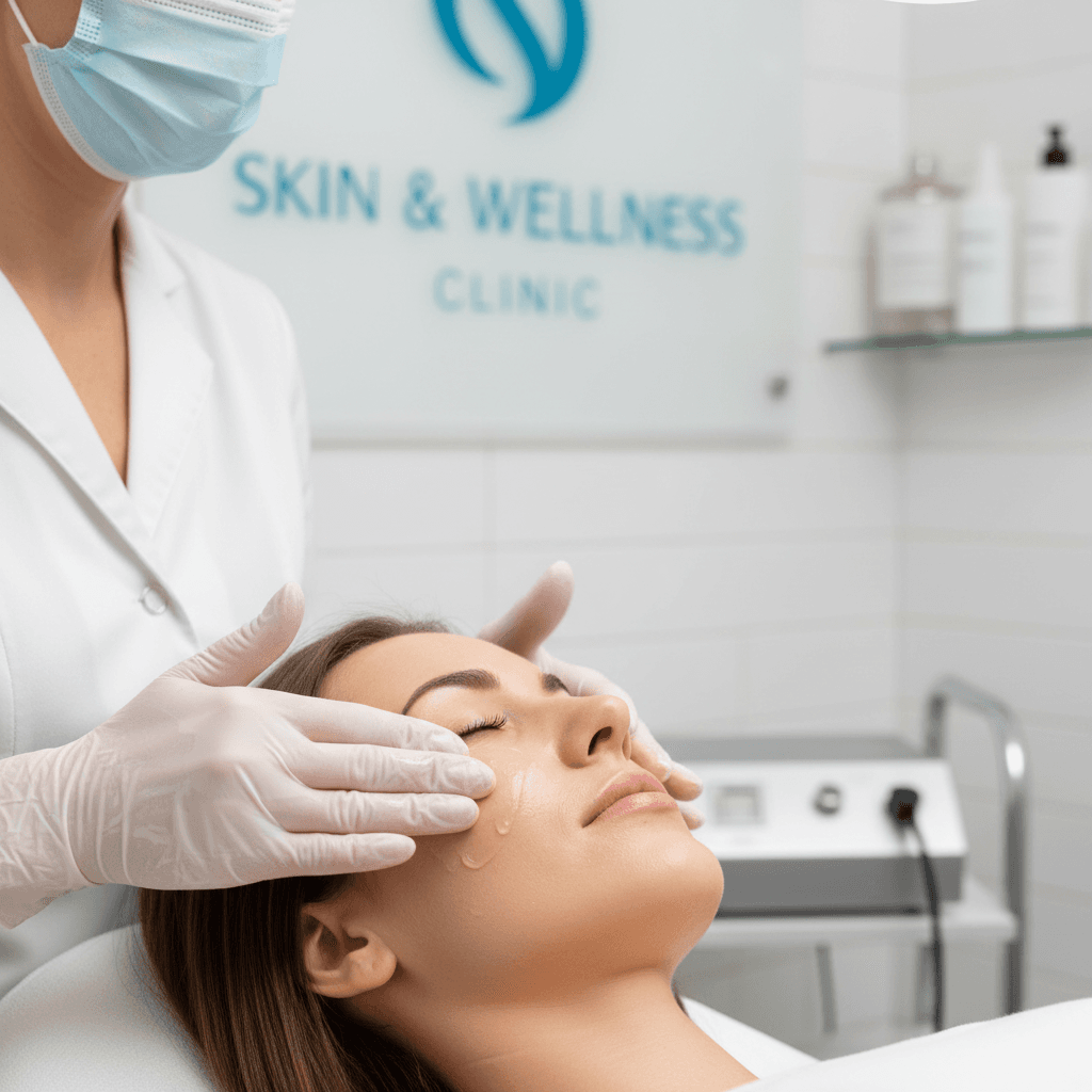 Close-up of an aesthetician's hands applying a clear serum to a patient's cheek in a clean clinical setting