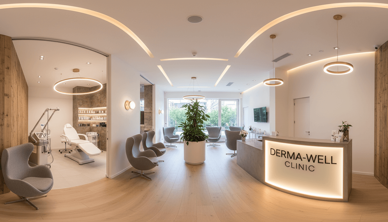 Modern dermatology clinic with professional equipment and warm lighting.