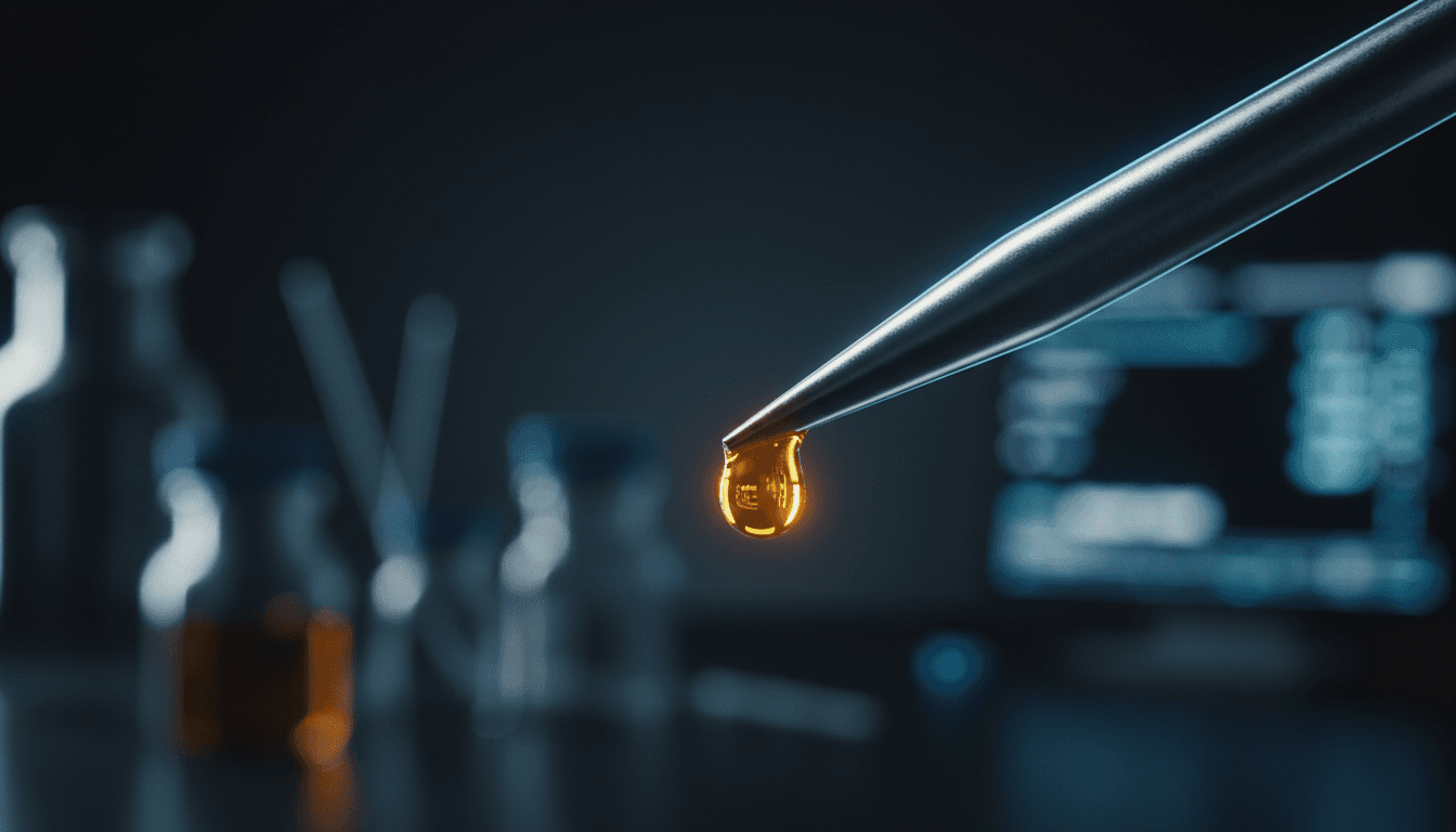 Macro shot of a precision pipette with a single drop of exosome solution suspended, clinical lab lighting