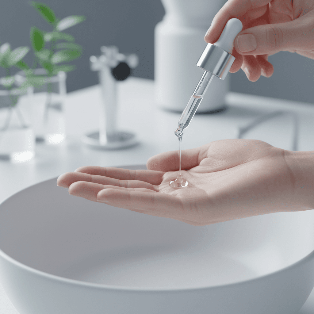 Dropper bottle dispensing serum onto a hand