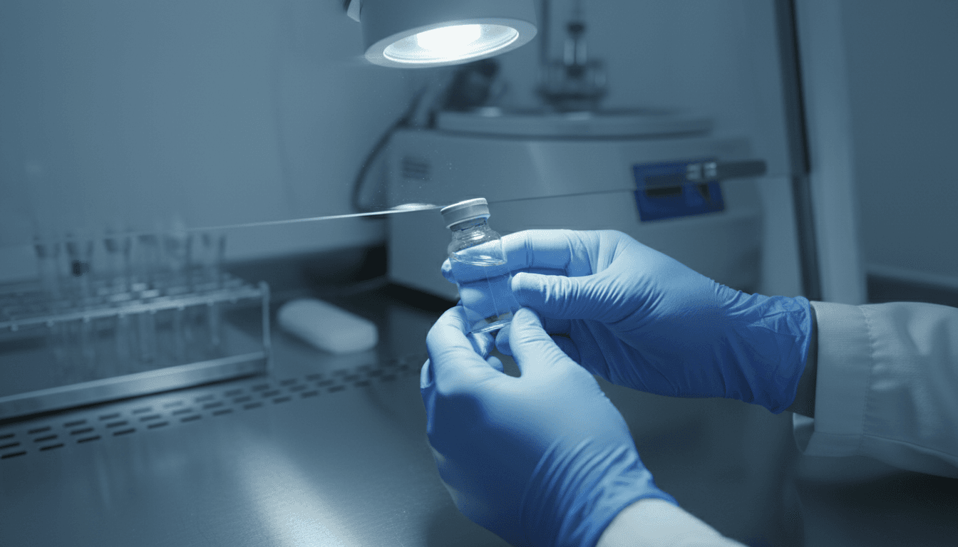 Gloved hands handling a sealed glass vial in a laboratory setting with focused lighting