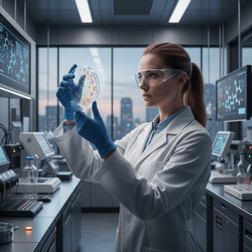 Scientist examining a petri dish in a lab