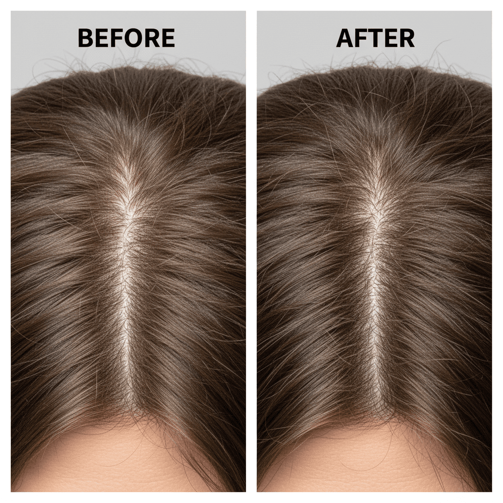 Before and after comparison showing improved hair density on a human scalp