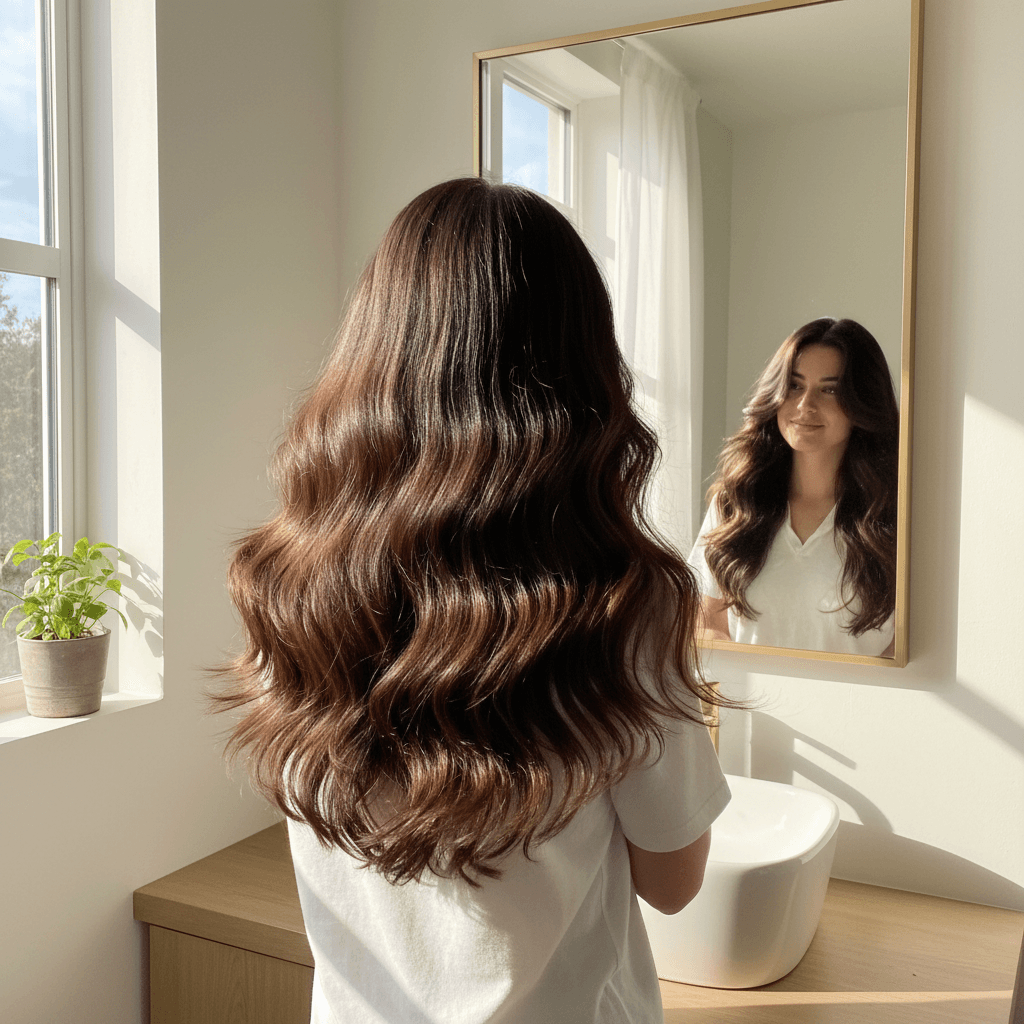 Person with healthy hair looking in a mirror