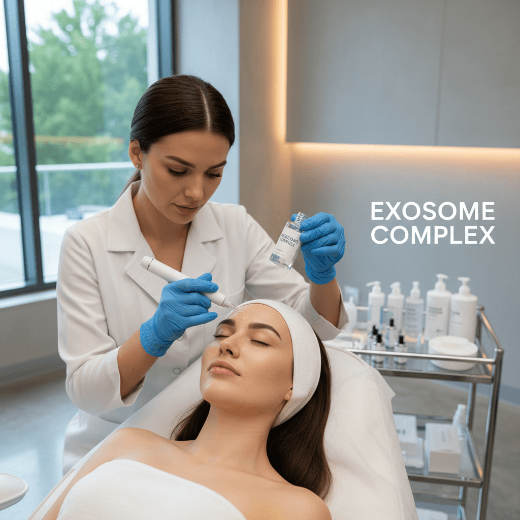 Skin rejuvenation exosome treatment procedure being applied to woman's face in modern medical aesthetics clinic