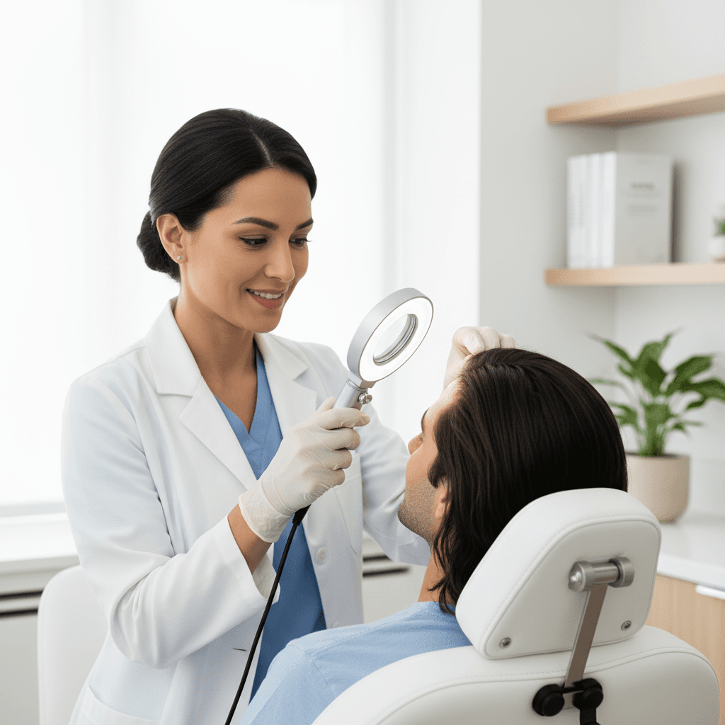 Dermatologist examining a healthy-looking scalp with a magnifying lamp
