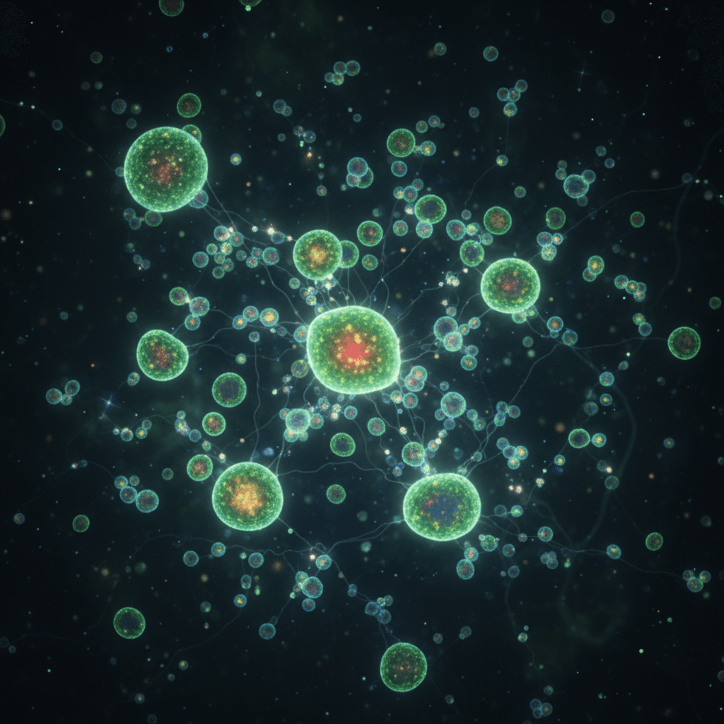 Microscopic view of glowing cellular structures or exosomes
