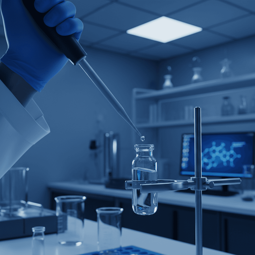 Scientist pipetting liquid into a vial in a laboratory