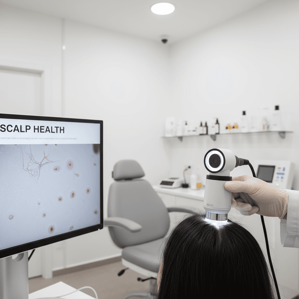Clinical scalp analysis using specialized microscope in professional trichology consultation room