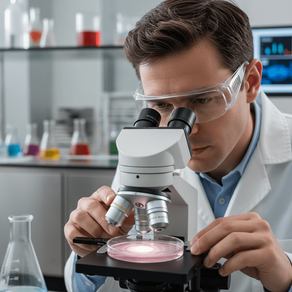 Scientist examining a petri dish with cell culture under a microscope