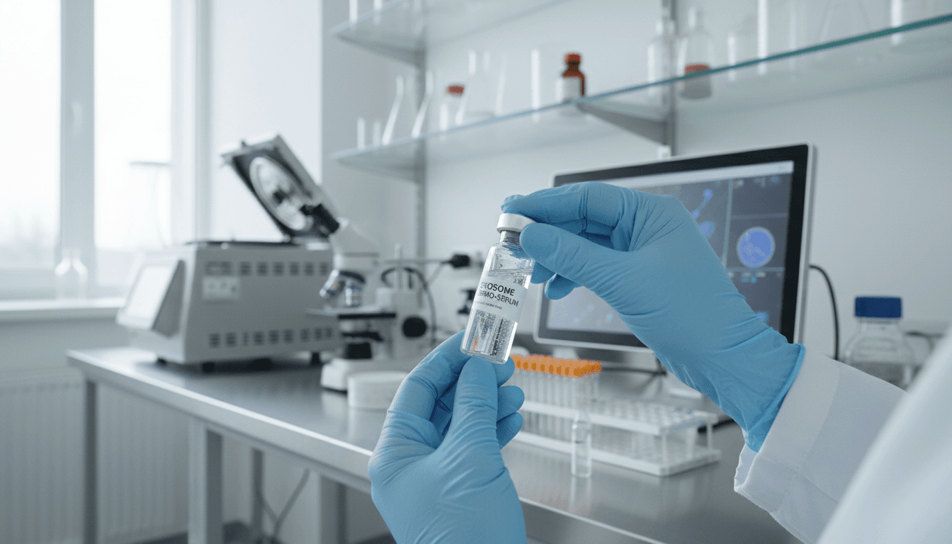 Gloved hands holding an exosome vial in a modern biotech lab