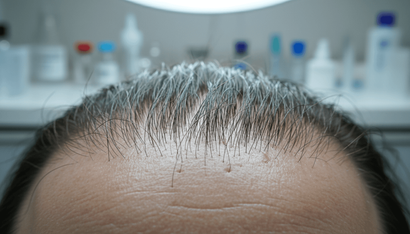 A scientific documentary aesthetic close-up of a human scalp with visible hair follicles