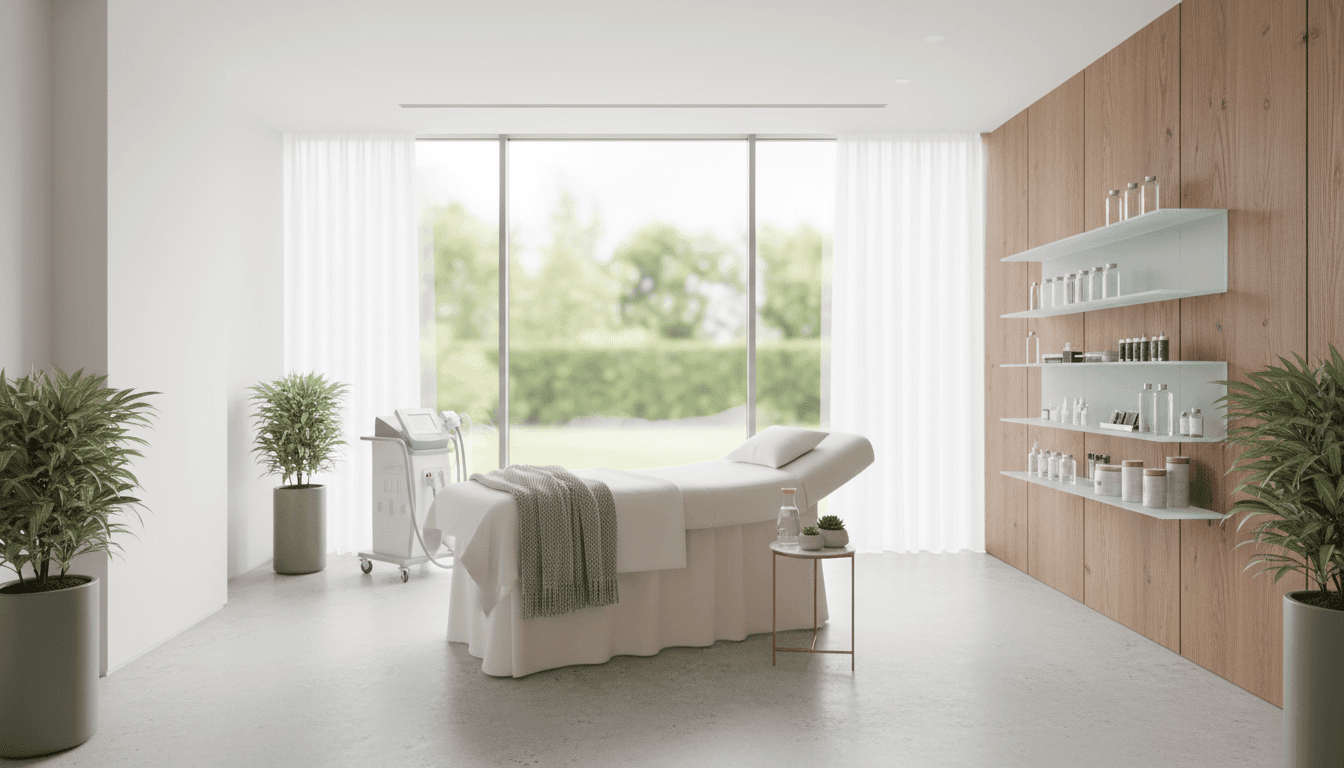A clinical, editorial aesthetic close-up shot of a clean treatment bed in a modern dermocosmetic clinic