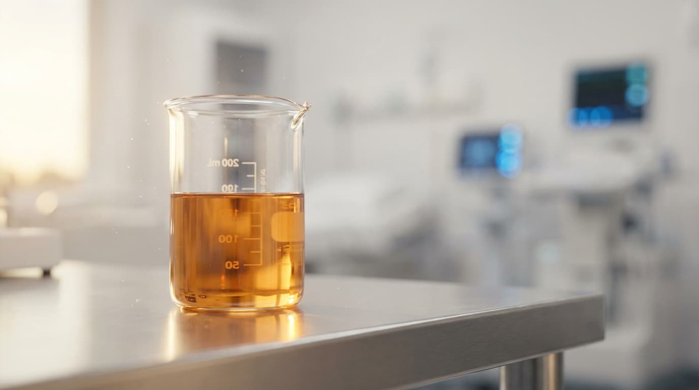 A drop of active serum suspended above a glass vial in a clinical laboratory setting