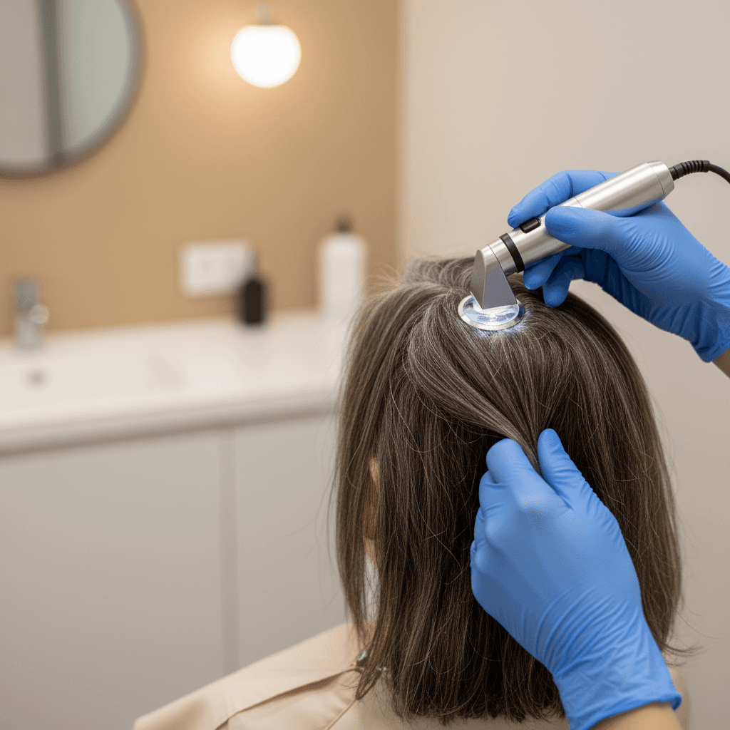 Close-up of a scalp with thinning hair, clinical lighting