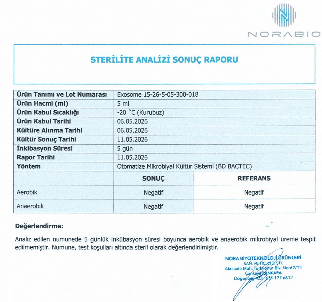 Norabio sterility analysis report for an exosome product showing negative results for microbial growth.